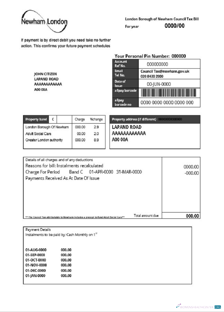 download United Kingdom London of Borough of Newham council tax bill template in Word and PDF format PDF template